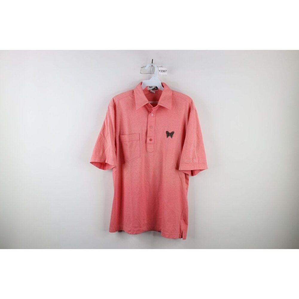 Vintage 80s Mens Medium Butterfly Short Sleeve Collared Golf Polo Shirt Pink